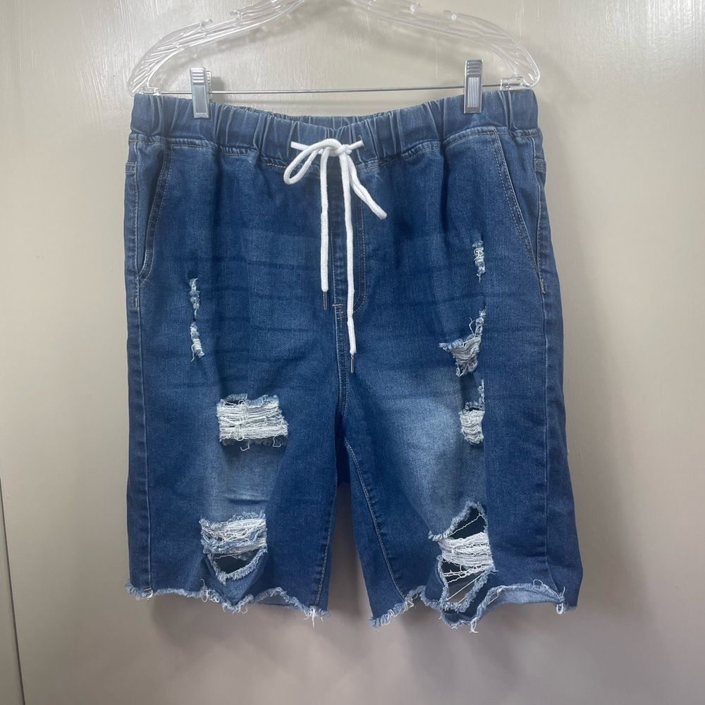 Distressed Denim Drawstring Shorts - Blue